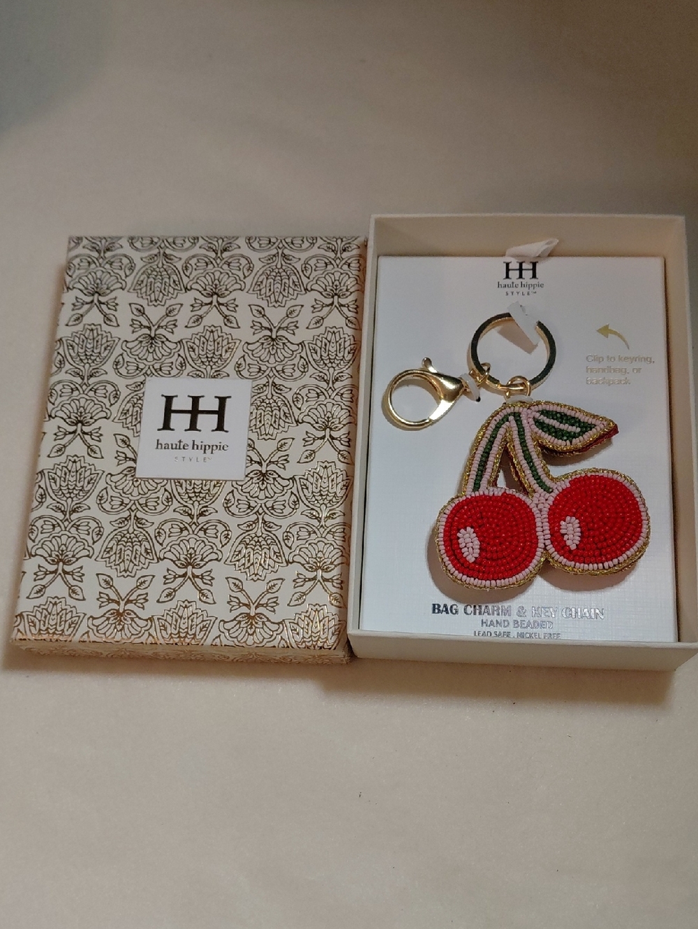 NWT Haute Hippie Red Beaded Cherry Keychain Or Purse Adornment. Gold Hardware